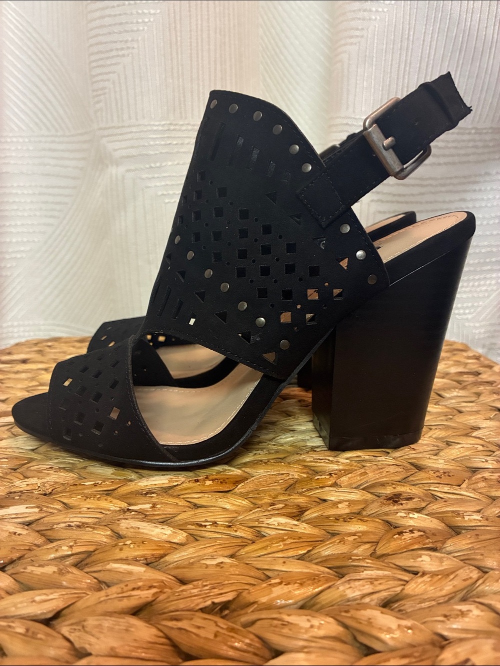 JustFab Black Laser-Cut Block Heel Slingbacks